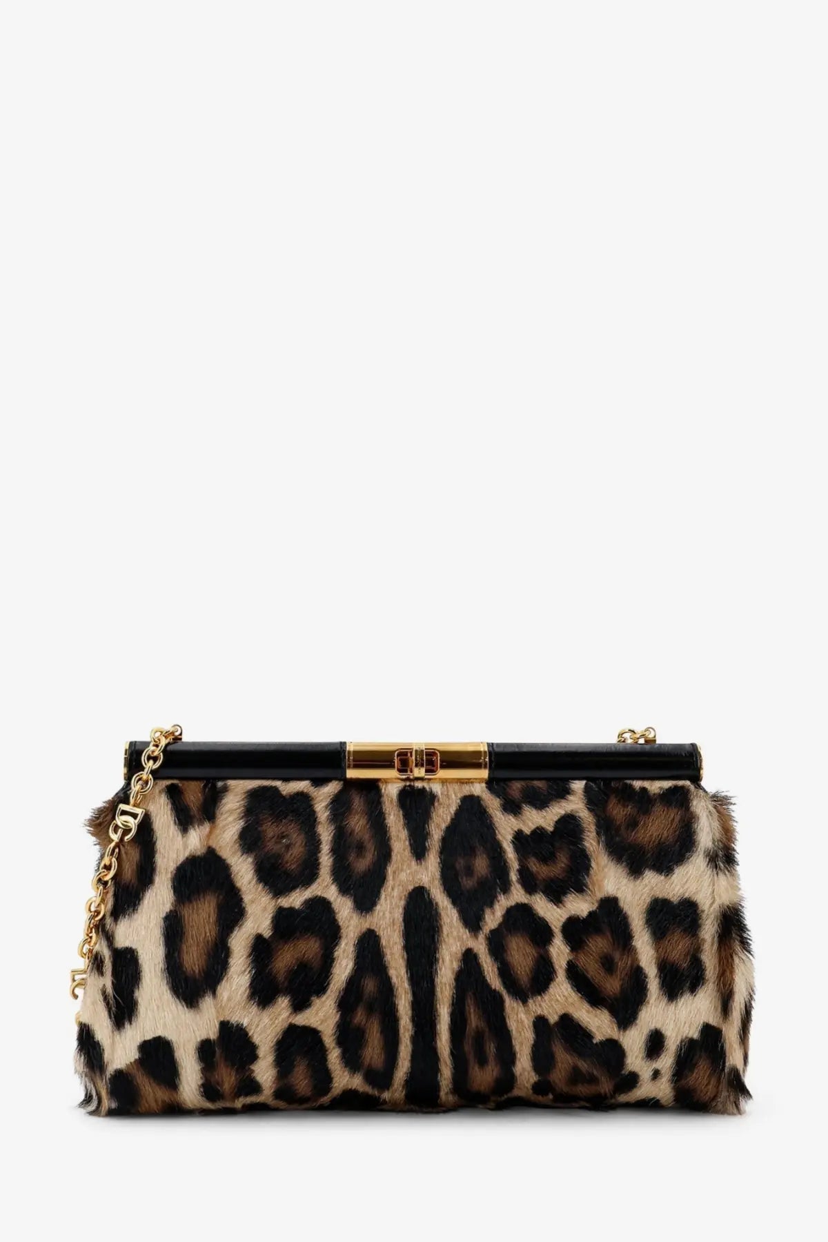 Dolce &amp; Gabbana women’s Marlene pony skin shoulder bag leopard print clutch with black leather top and gold hardware