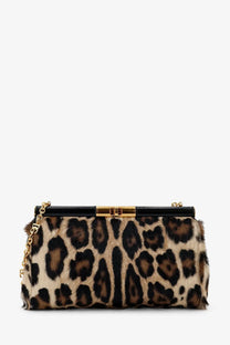 Dolce &amp; Gabbana women’s Marlene pony skin shoulder bag leopard print clutch with black leather top and gold hardware