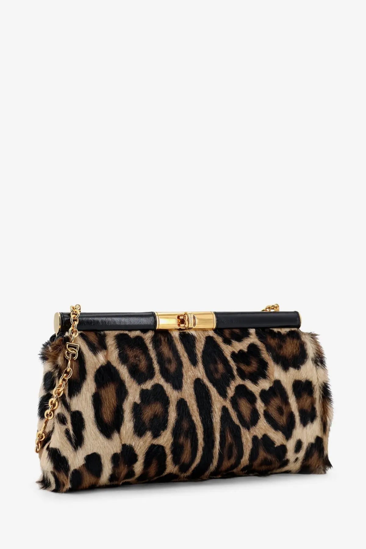 Dolce &amp; Gabbana women’s Marlene pony skin shoulder bag with leopard-print faux fur clutch black leather frame and gold hardware