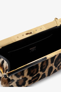 Dolce &amp; Gabbana women’s Marlene pony skin shoulder bag leopard-print clutch with gold-tone frame and black leather trim