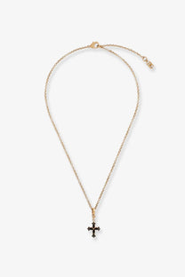 Dolce and Gabbana women’s gold metal chain necklace with a small cross pendant adorned with black gemstones