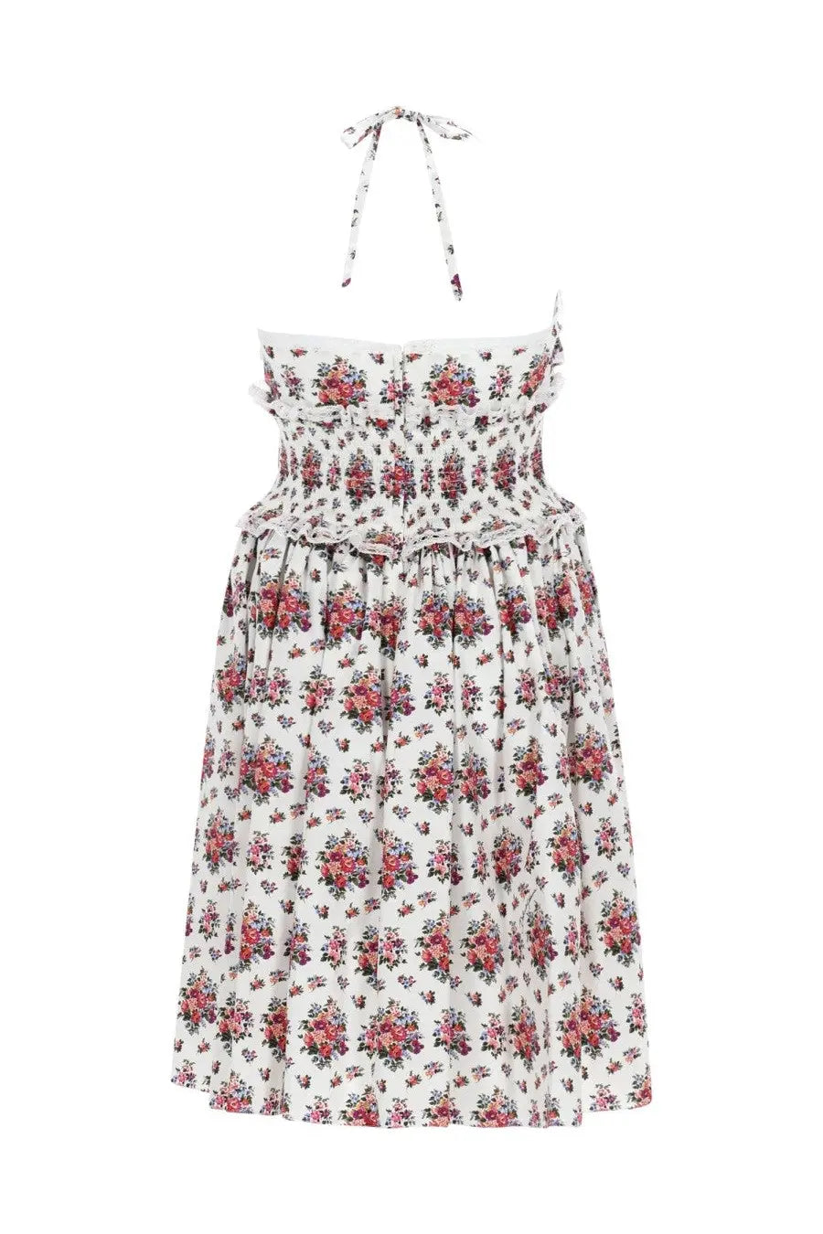 Dolce &amp; gabbana women’s midi dress with white floral halter design pink red blossoms smocked waistband and tie-back straps