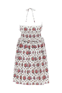 Dolce &amp; gabbana women’s midi dress with white floral halter design pink red blossoms smocked waistband and tie-back straps