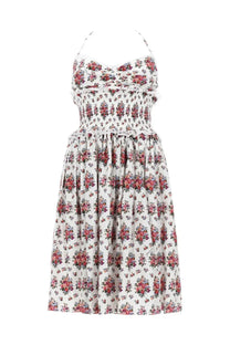 Dolce &amp; Gabbana women’s multicolor midi dress with white floral print halter neckline and ruffled straps