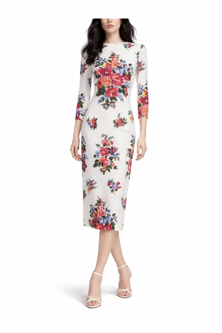 Dolce and Gabbana women’s white floral print midi dress with three-quarter sleeves and fitted silhouette