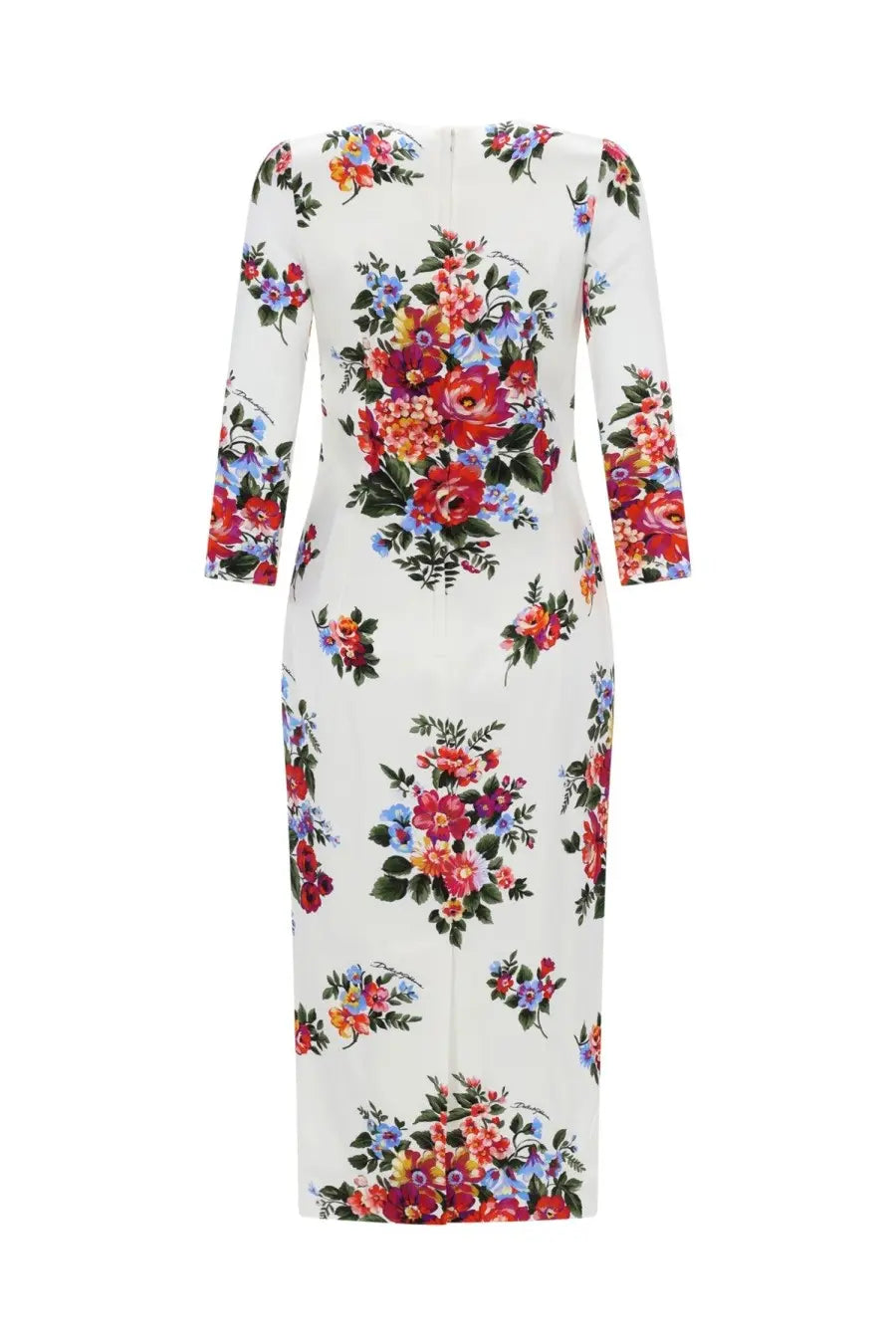 Dolce &amp; Gabbana women’s white floral print midi dress with three-quarter sleeves and back zipper shown from the back