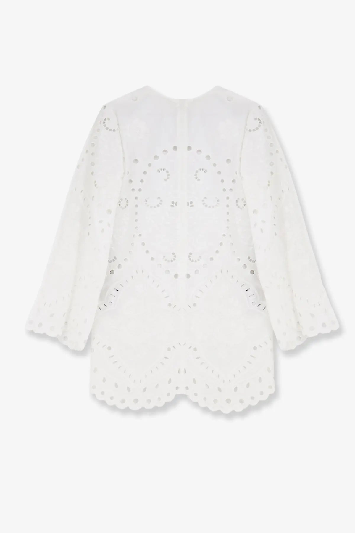 Dolce &amp; Gabbana women’s white cotton mini dress featuring white eyelet lace with scalloped edges and bell silhouette
