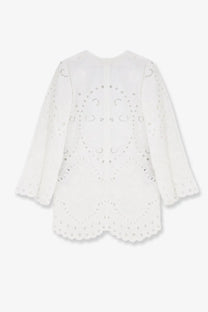 Dolce &amp; Gabbana women’s white cotton mini dress featuring white eyelet lace with scalloped edges and bell silhouette