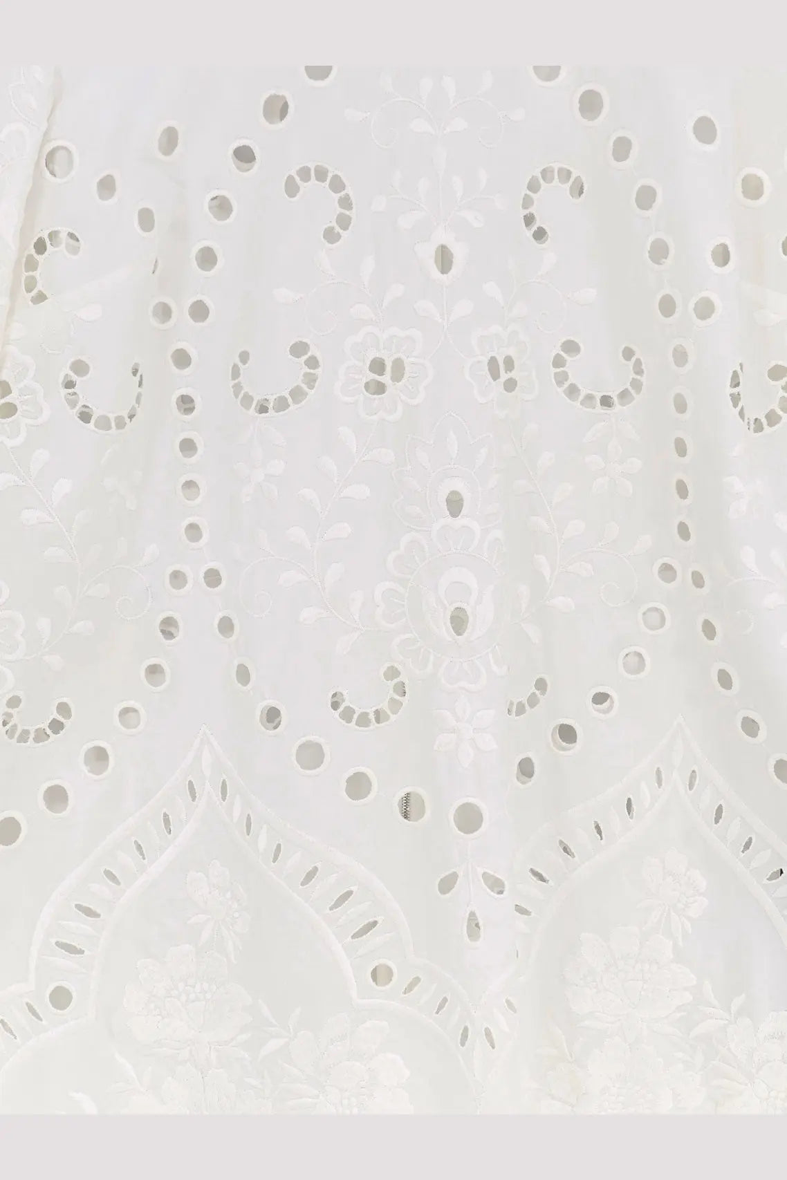 Dolce &amp; Gabbana women’s mini cotton dress in white featuring delicate white eyelet lace with floral and dot patterns