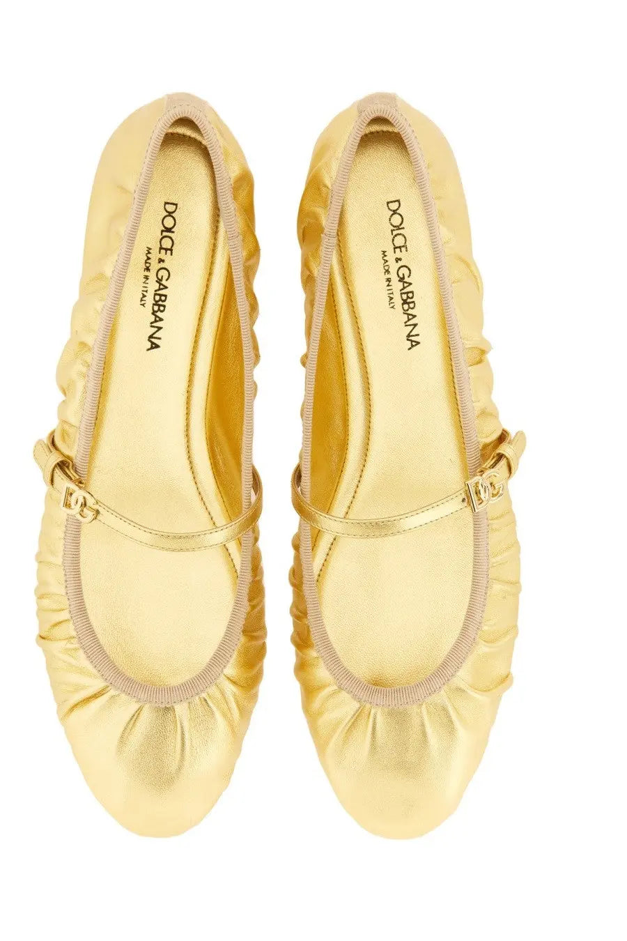 Dolce &amp; Gabbana women’s mordoré nappa ballerina gold ballet flats with gold metallic ruched detailing and strap