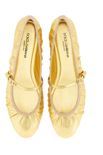 Dolce &amp; Gabbana women’s mordoré nappa ballerina gold ballet flats with gold metallic ruched detailing and strap