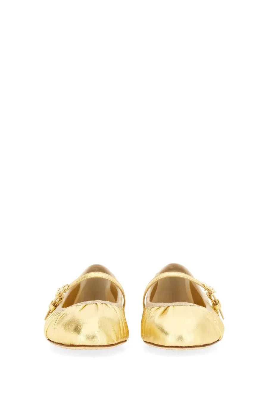 Dolce &amp; Gabbana women’s gold metallic patent leather mary jane flats with delicate buckle detail