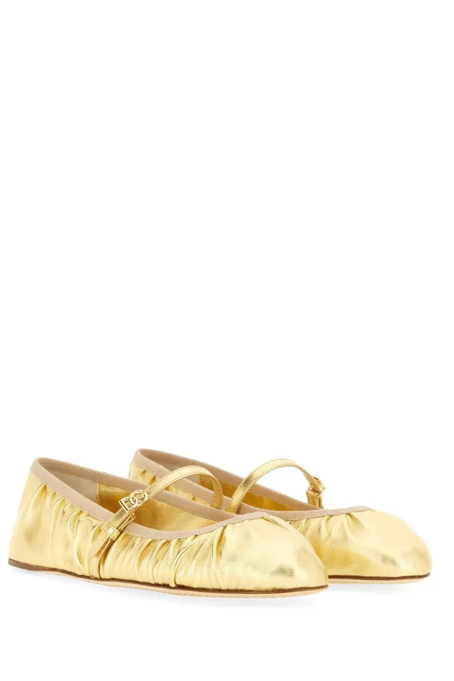 Dolce &amp; Gabbana women’s mordoré nappa gold metallic ruched flat ballerina shoes with a delicate strap and buckle