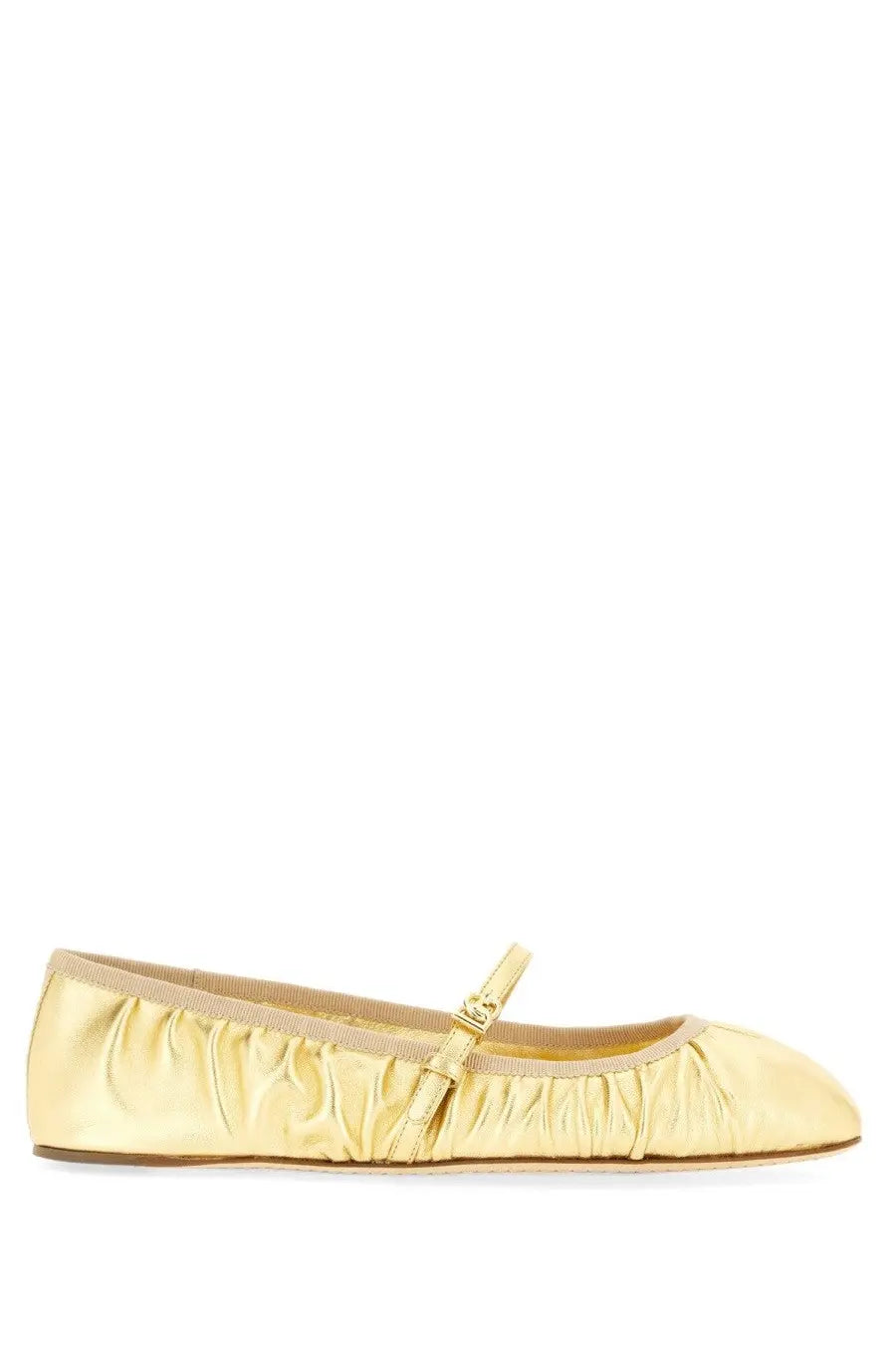 Dolce &amp; Gabbana women’s mordoré gold satin ballet flat with ruched design and small buckle strap