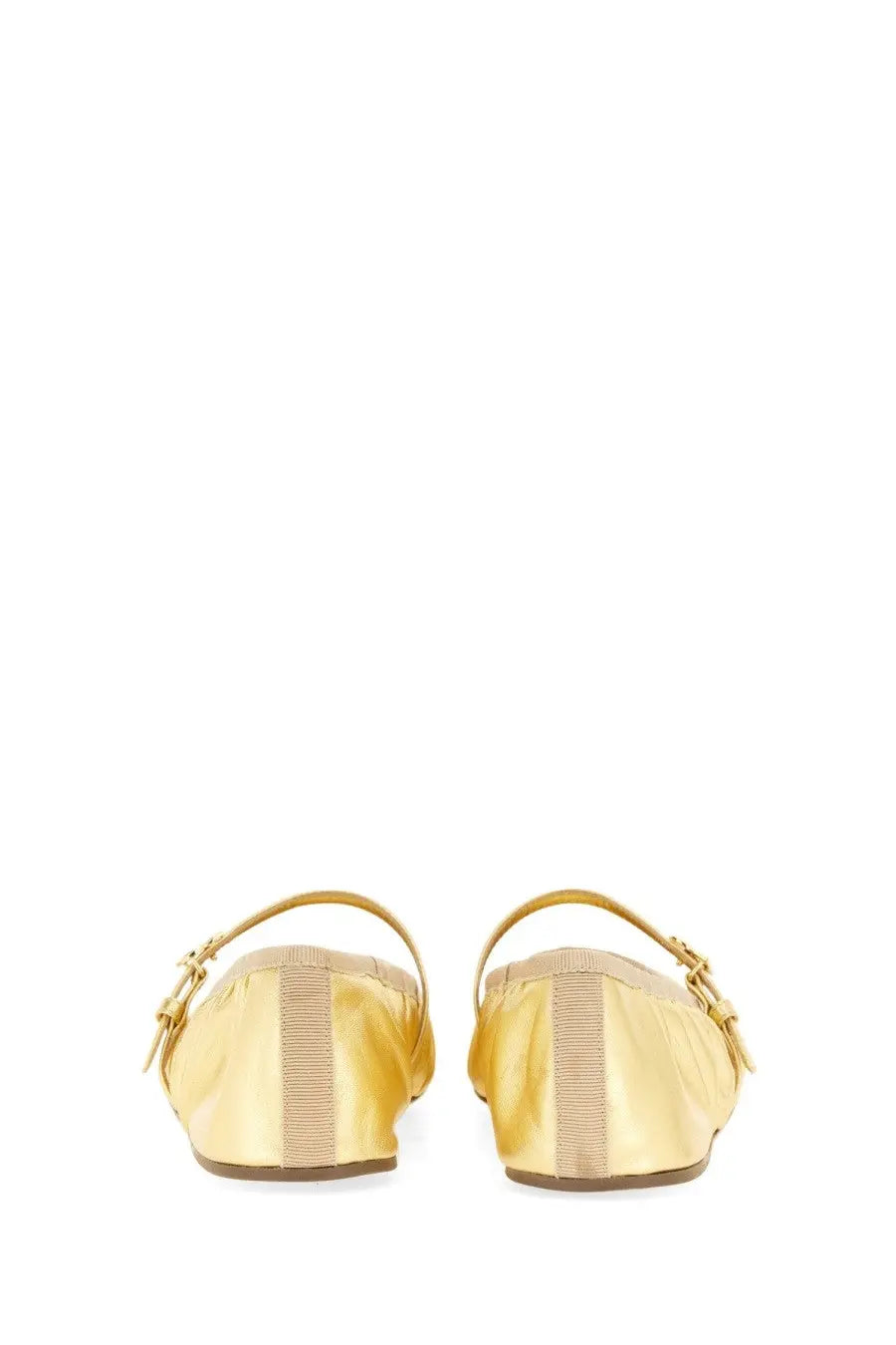Dolce &amp; Gabbana women’s mordoré nappa ballerina gold satin flats with ribbed strap detail and buckle closure