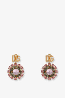 Dolce &amp; Gabbana women’s gold-tone brass earrings with pink crystal center and rose quartz and green crystal halo