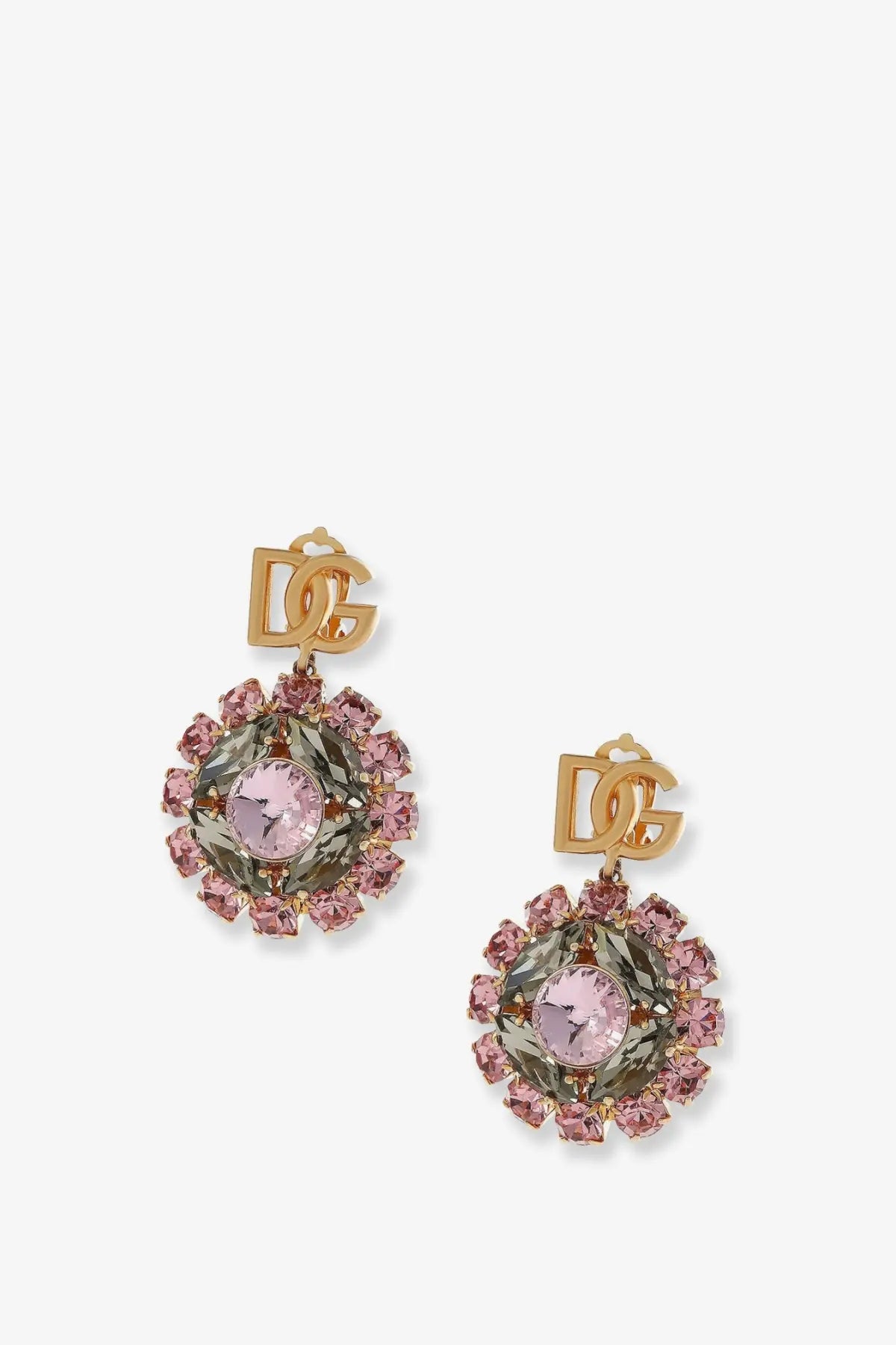 Dolce &amp; Gabbana gold-tone brass earrings with multicolored pink and smoky gray crystal dg logo design