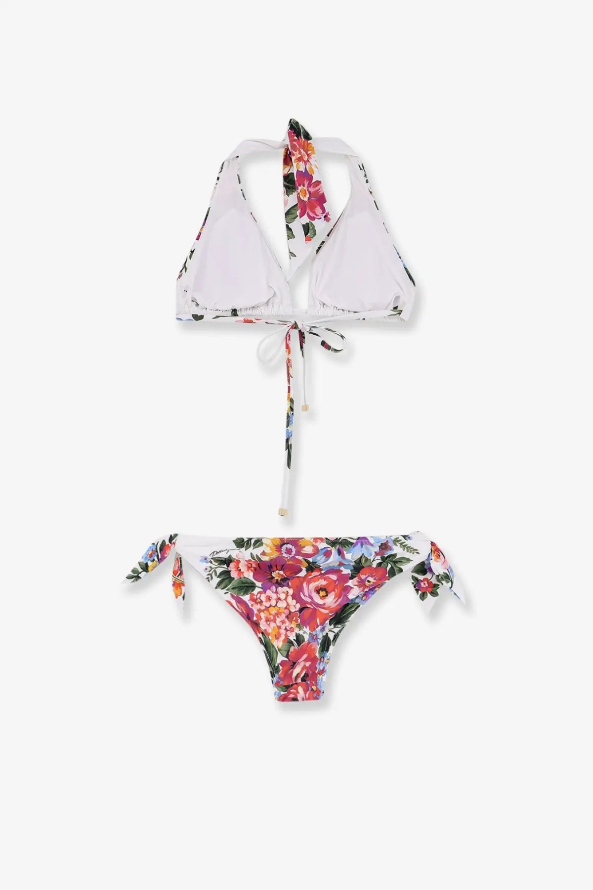 Dolce &amp; Gabbana women’s nylon white bikini set with halter top and vibrant red pink orange purple floral pattern