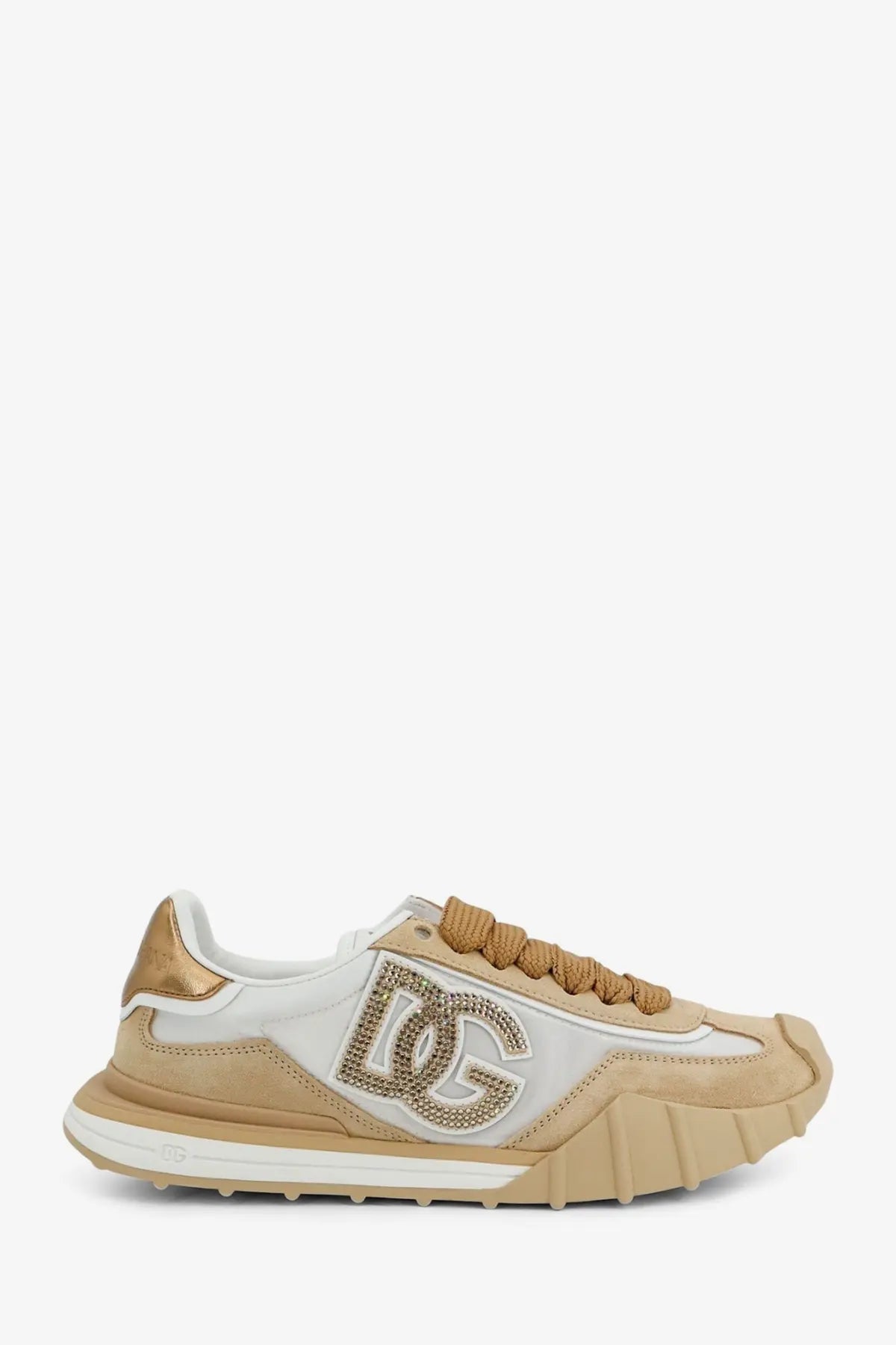 Dolce &amp; Gabbana women’s nylon and suede sneakers in beige and white with gold accents and rhinestone dg logo patch