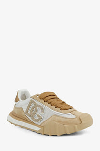 Dolce &amp; Gabbana women’s white nylon and suede sneakers with beige accents and a glittering logo on the side