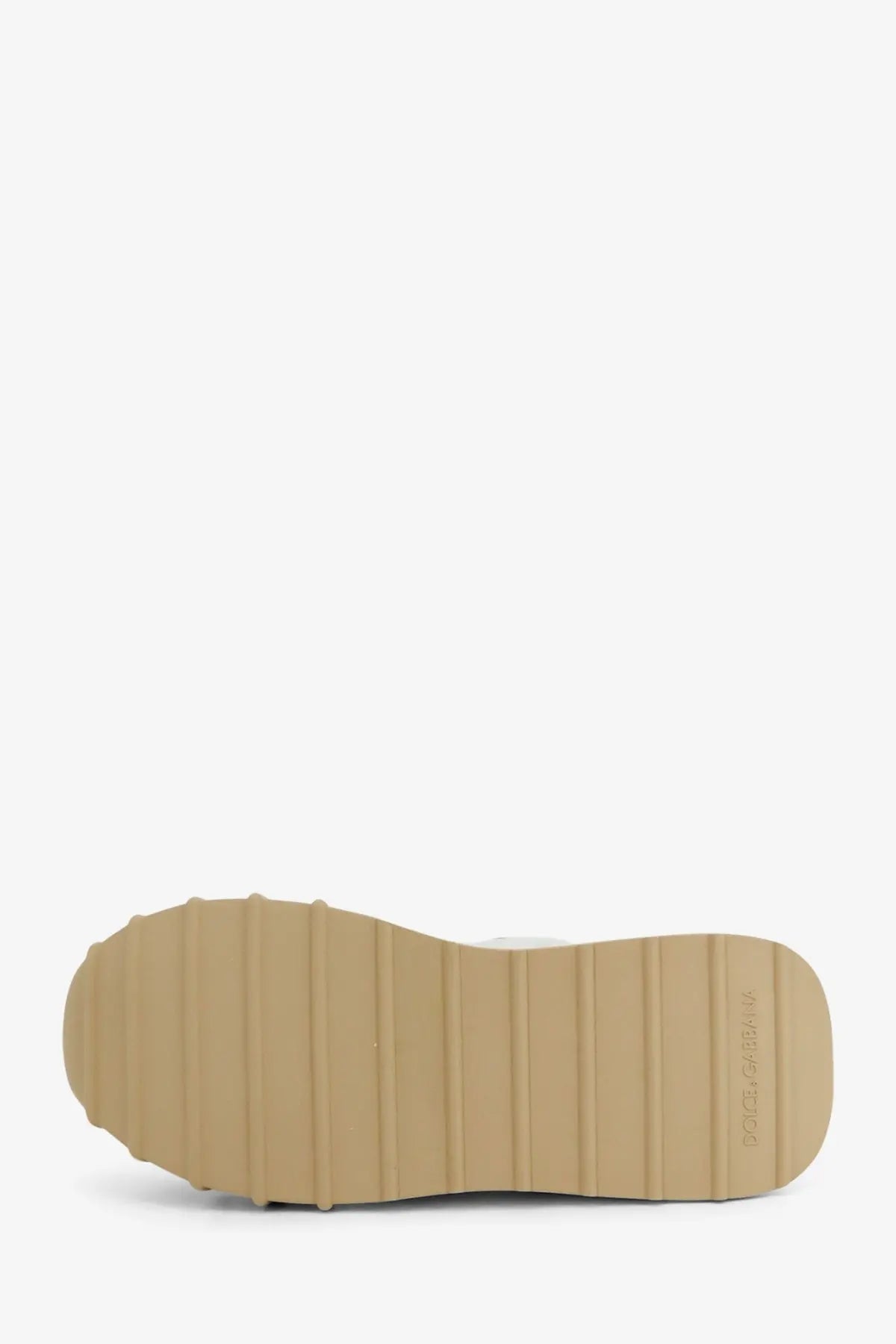 Back view of dolce and gabbana women’s white nylon and suede sneakers with tan rubber sole and embossed heel logo