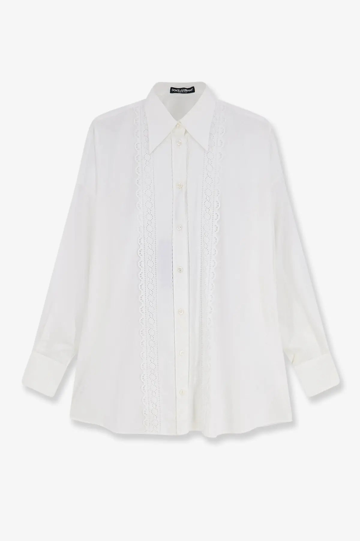 Dolce &amp; Gabbana women’s oversize white cotton button-down shirt with delicate lace trim on front placket and cuffs