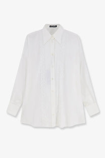 Dolce &amp; Gabbana women’s oversize white cotton button-down shirt with delicate lace trim on front placket and cuffs