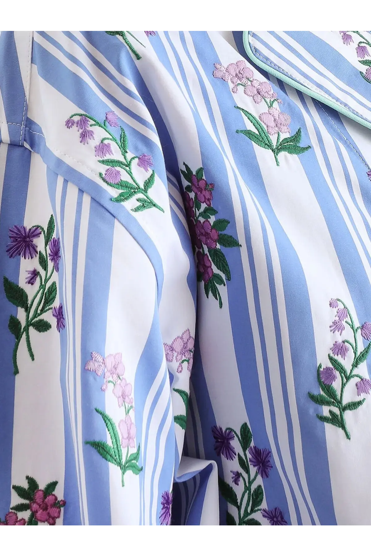 Dolce &amp; Gabbana women’s cotton poplin pajamas shirt with blue and white stripes and embroidered pink and purple flowers