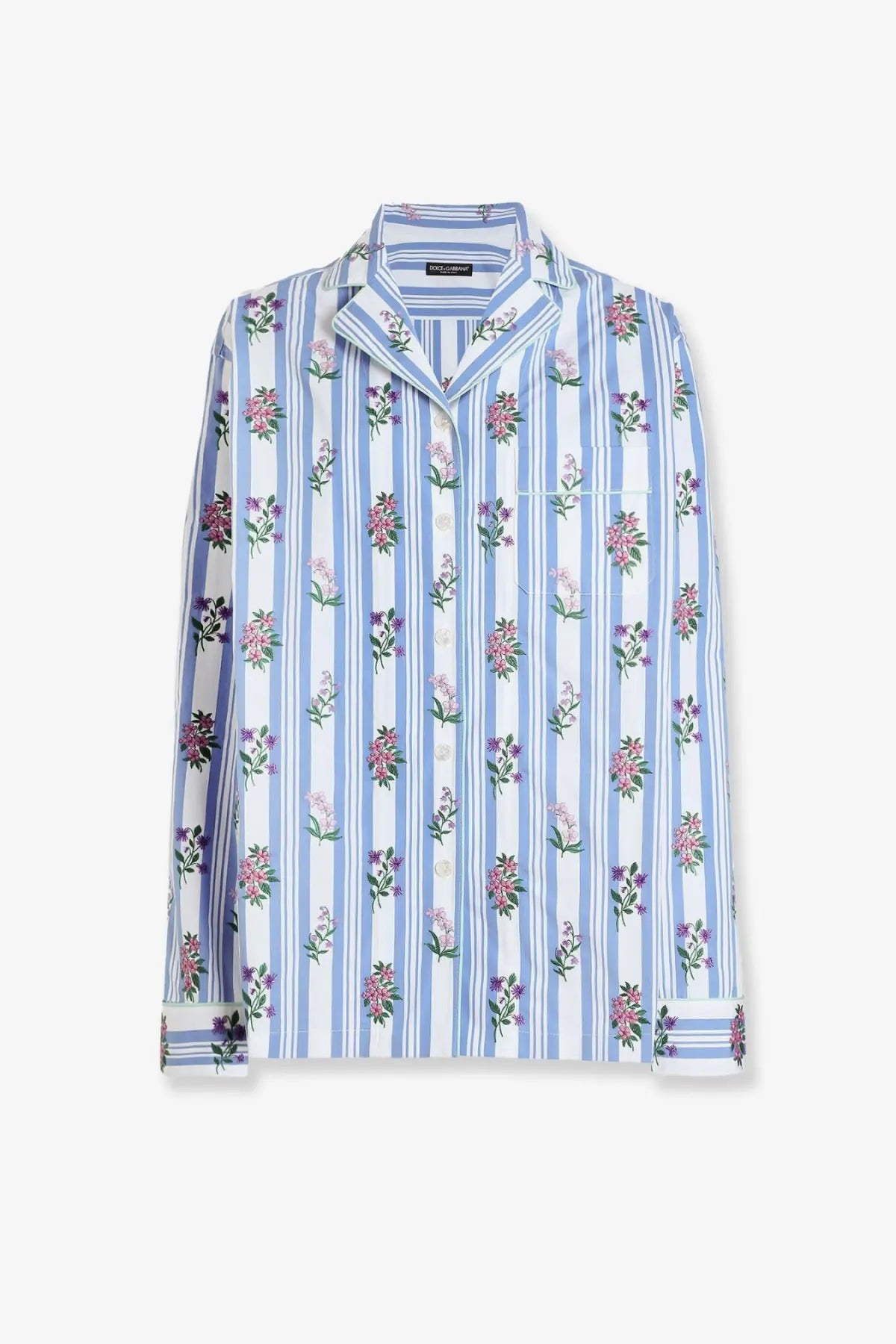 Dolce &amp; Gabbana women’s cotton poplin long-sleeved pajama shirt with light blue white stripes and pink purple floral pattern