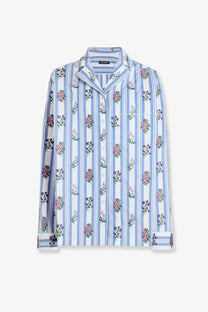 Dolce &amp; Gabbana women’s cotton poplin long-sleeved pajama shirt with light blue white stripes and pink purple floral pattern
