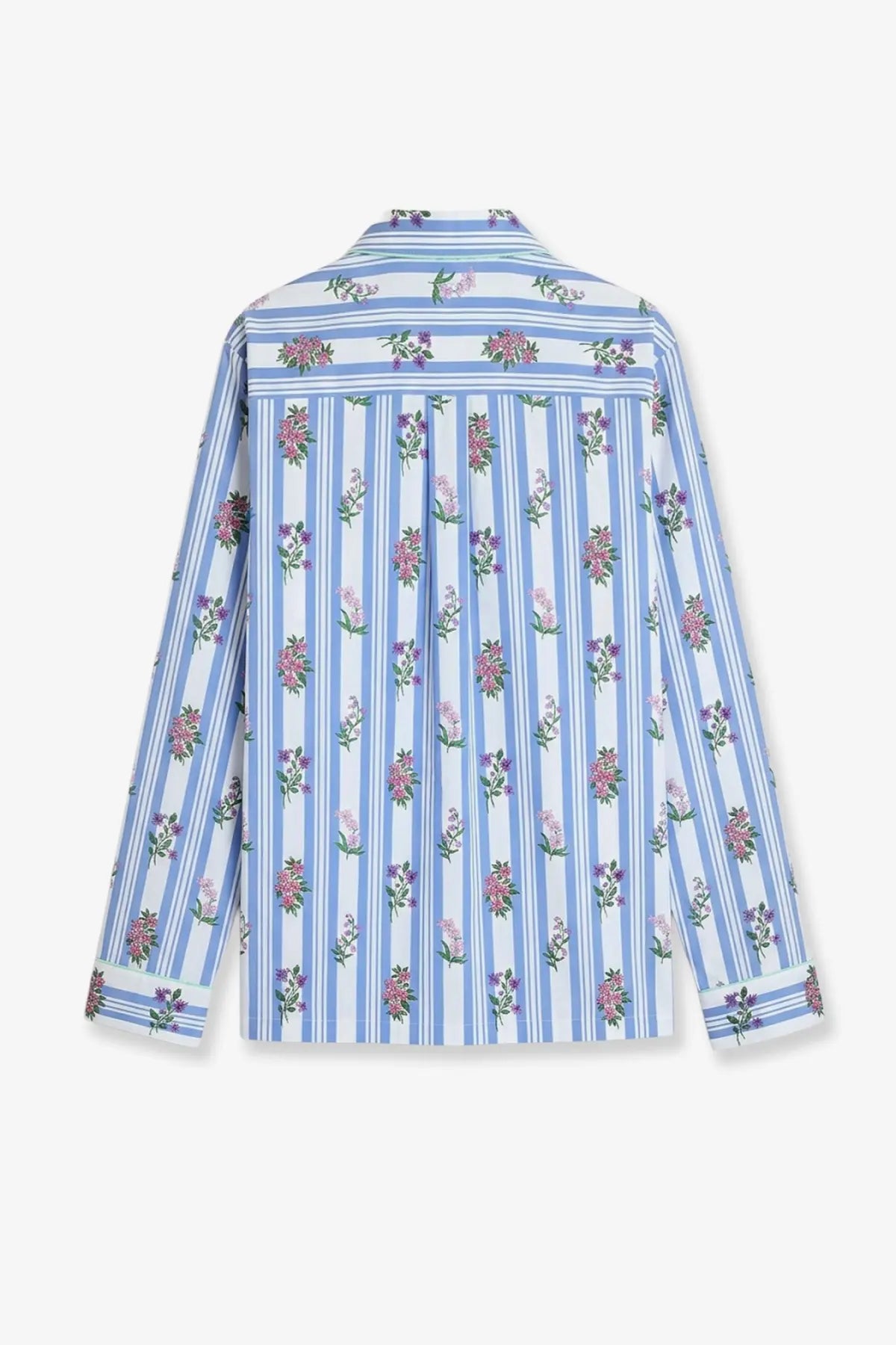 Dolce &amp; gabbana women’s long-sleeved cotton poplin shirt with light blue white stripes and pink purple floral pattern
