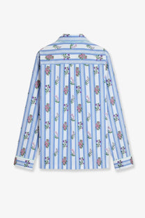 Dolce &amp; gabbana women’s long-sleeved cotton poplin shirt with light blue white stripes and pink purple floral pattern