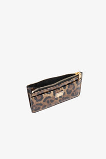 A sleek glossy leopard-print patent leather card holder with gold-tone zipper and metallic plaque by Dolce &amp; Gabbana
