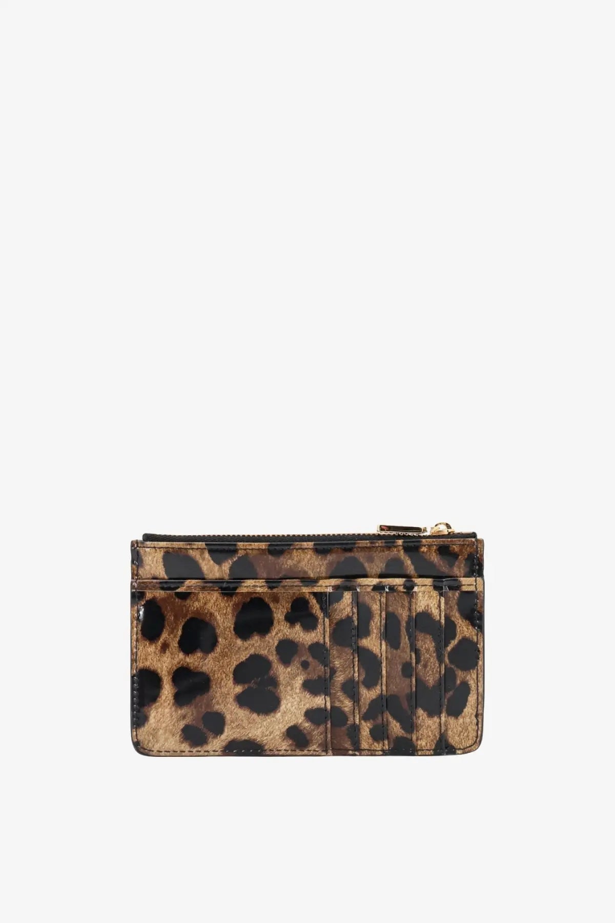 Dolce &amp; Gabbana women’s leopard-print patent leather card holder with gold-tone zipper and glossy finish