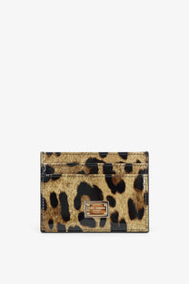 Dolce &amp; gabbana women’s patent leather card holder in tan and black leopard print with metallic plaque center