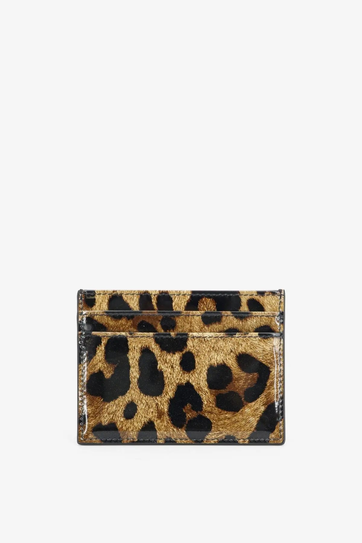 Dolce &amp; Gabbana women’s patent leather card holder with bold black and tan leopard print on textured surface
