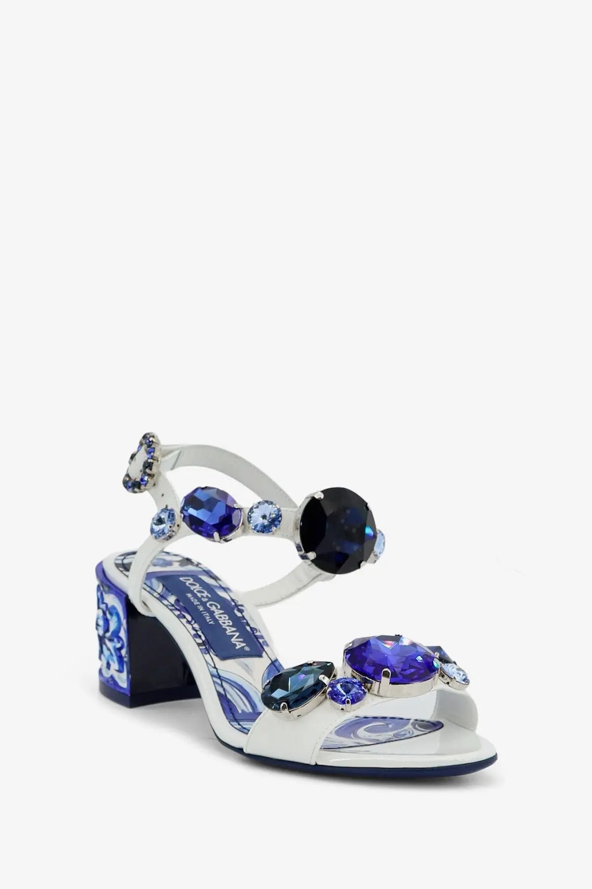 Dolce &amp; Gabbana women’s patent leather white sandal with blue and black gemstone embellishments and ceramic heel