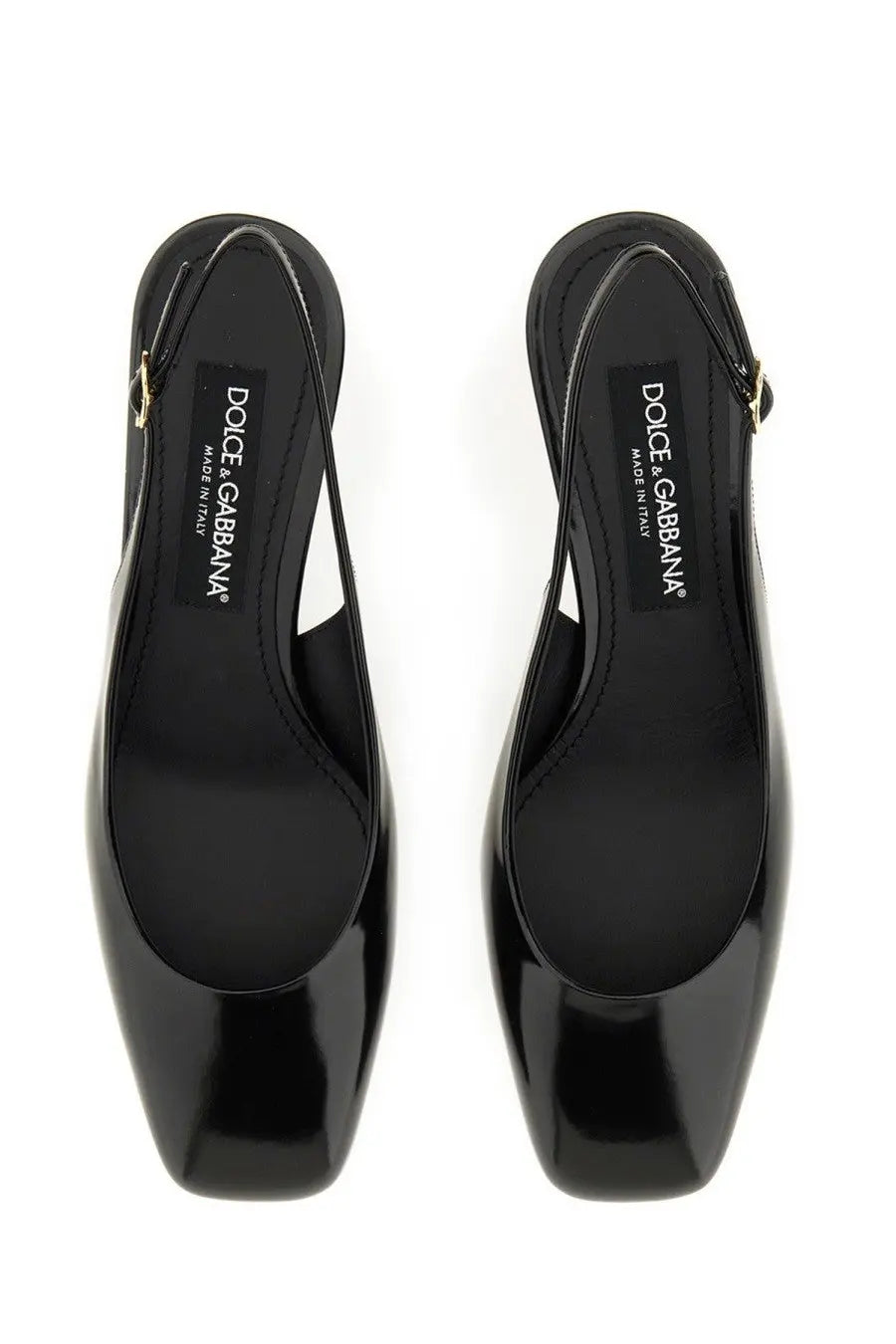 Dolce and Gabbana women’s patent leather black slingback flats with square toe and gold-tone buckle