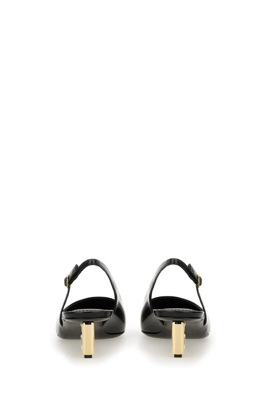 Dolce &amp; Gabbana women’s patent leather slingback heels in black with gold-tone block heels