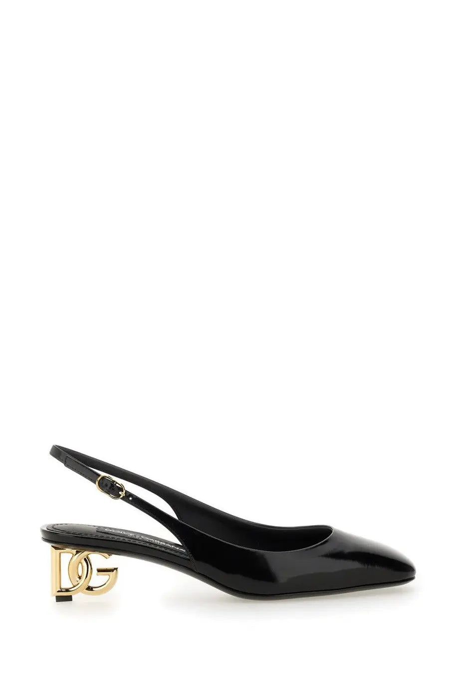 Dolce &amp; Gabbana women’s black patent leather slingback pump with gold-tone DG logo on the heel, back view