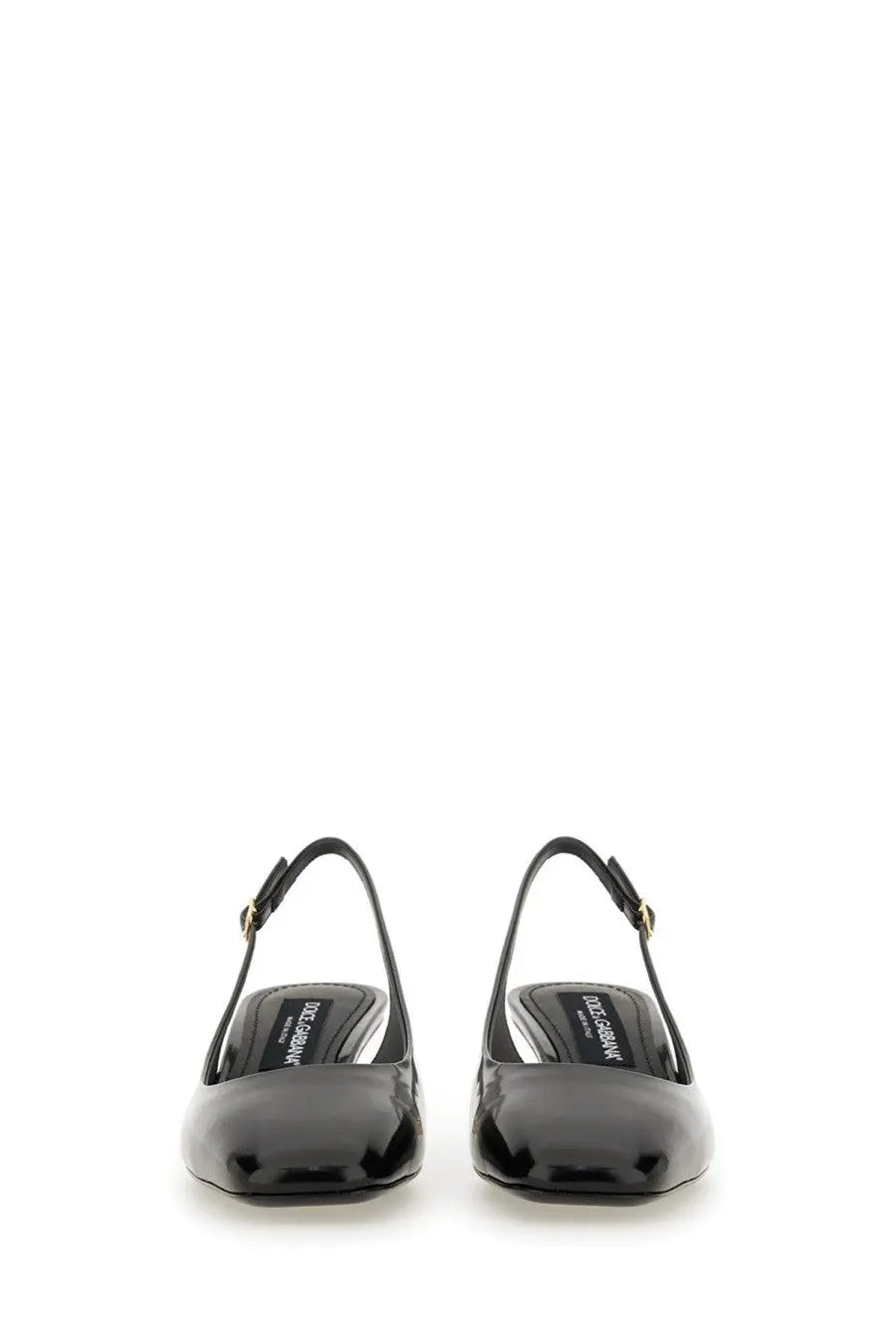 Dolce &amp; Gabbana women’s black patent leather slingback pumps with glossy finish and gold-tone buckle accents