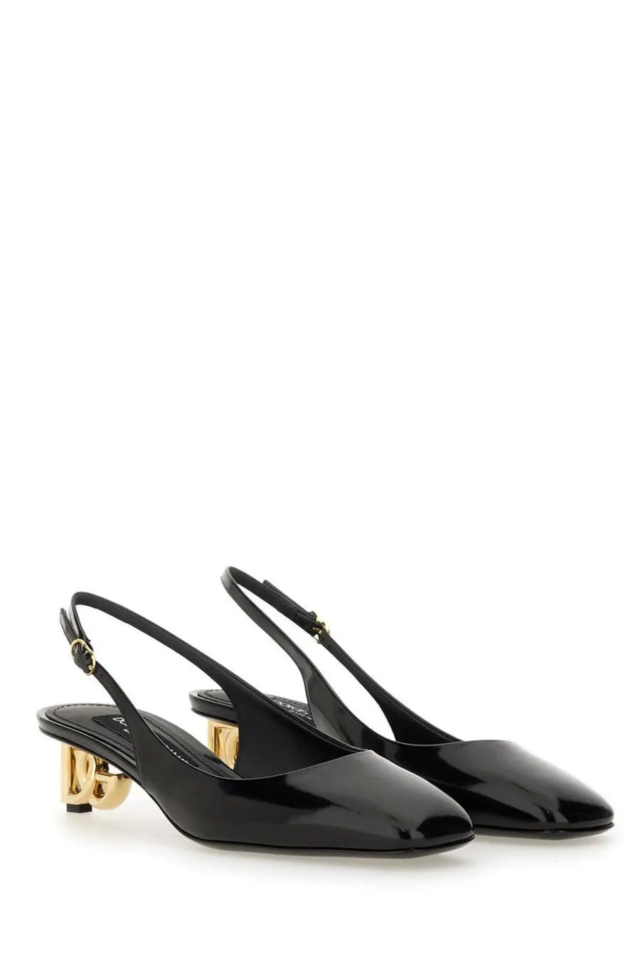 Dolce &amp; Gabbana women’s black patent leather slingback pumps with gold-tone block heels and logo design