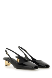 Dolce &amp; Gabbana women’s black patent leather slingback pumps with gold-tone block heels and logo design