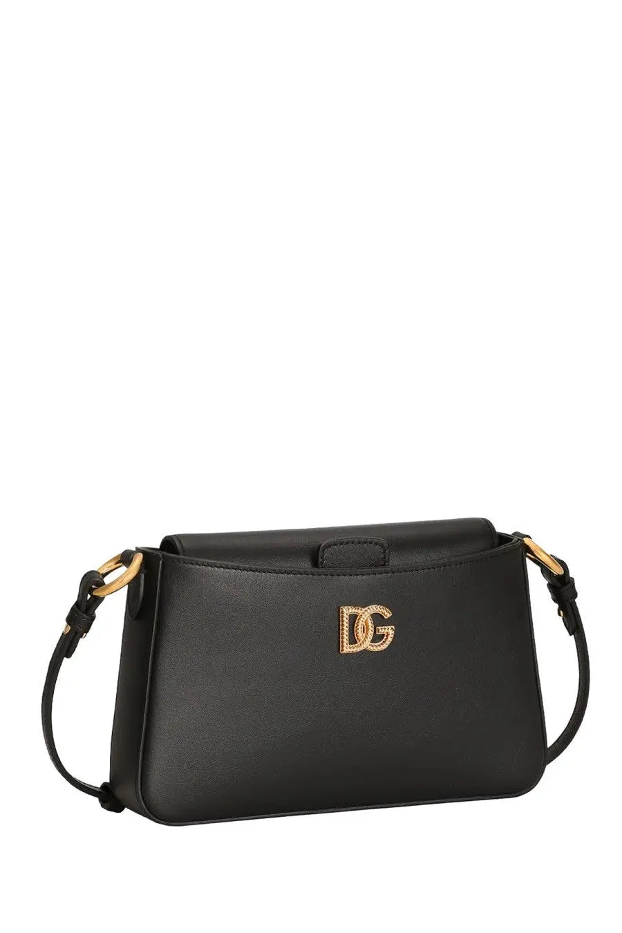 Black leather Dolce &amp; Gabbana women’s phone crossbody bag with gold-tone dg logo clasp and adjustable strap