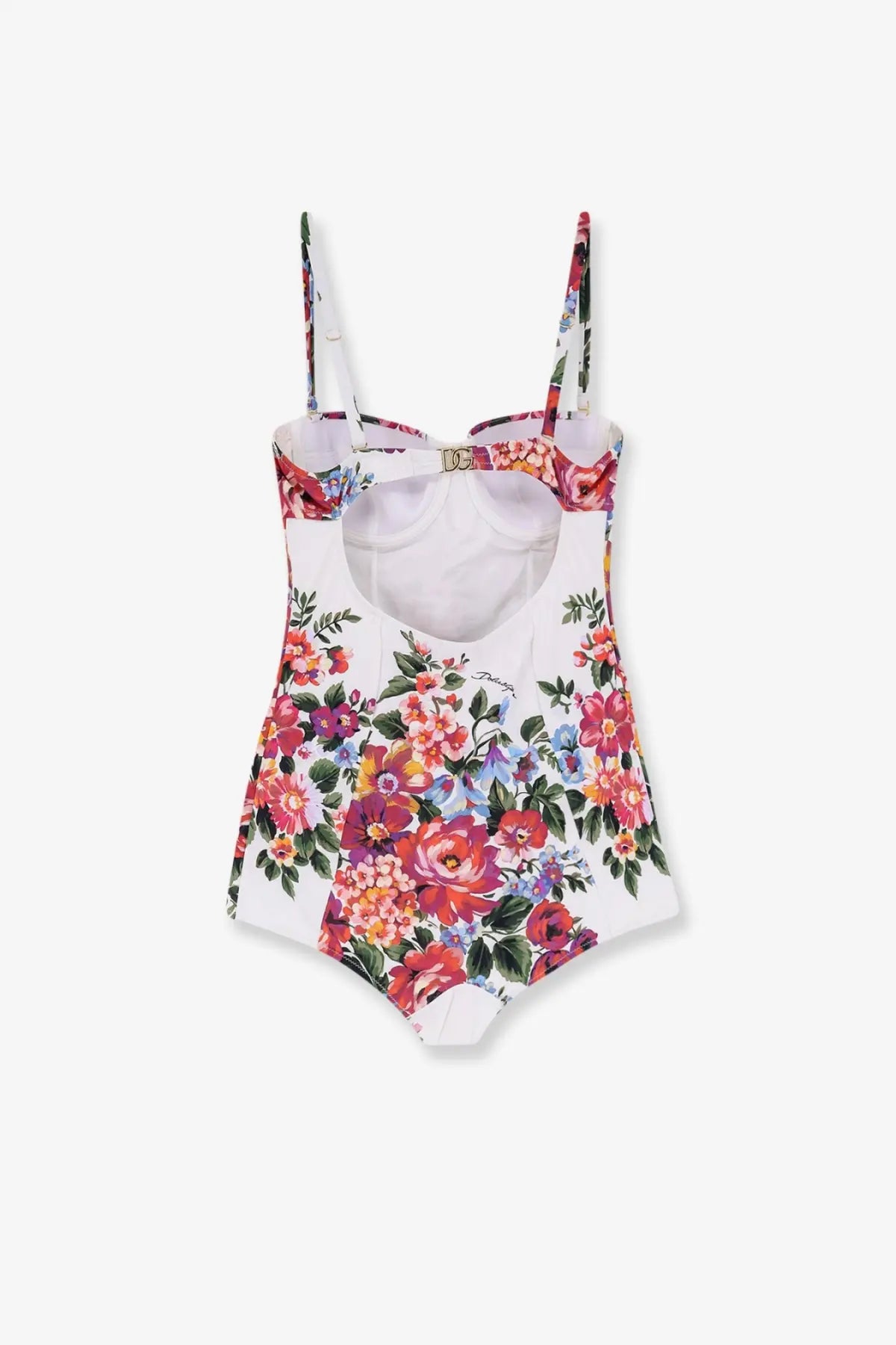 Dolce &amp; Gabbana women’s white one piece swimsuit with vibrant red pink and blue floral pattern on a crisp background