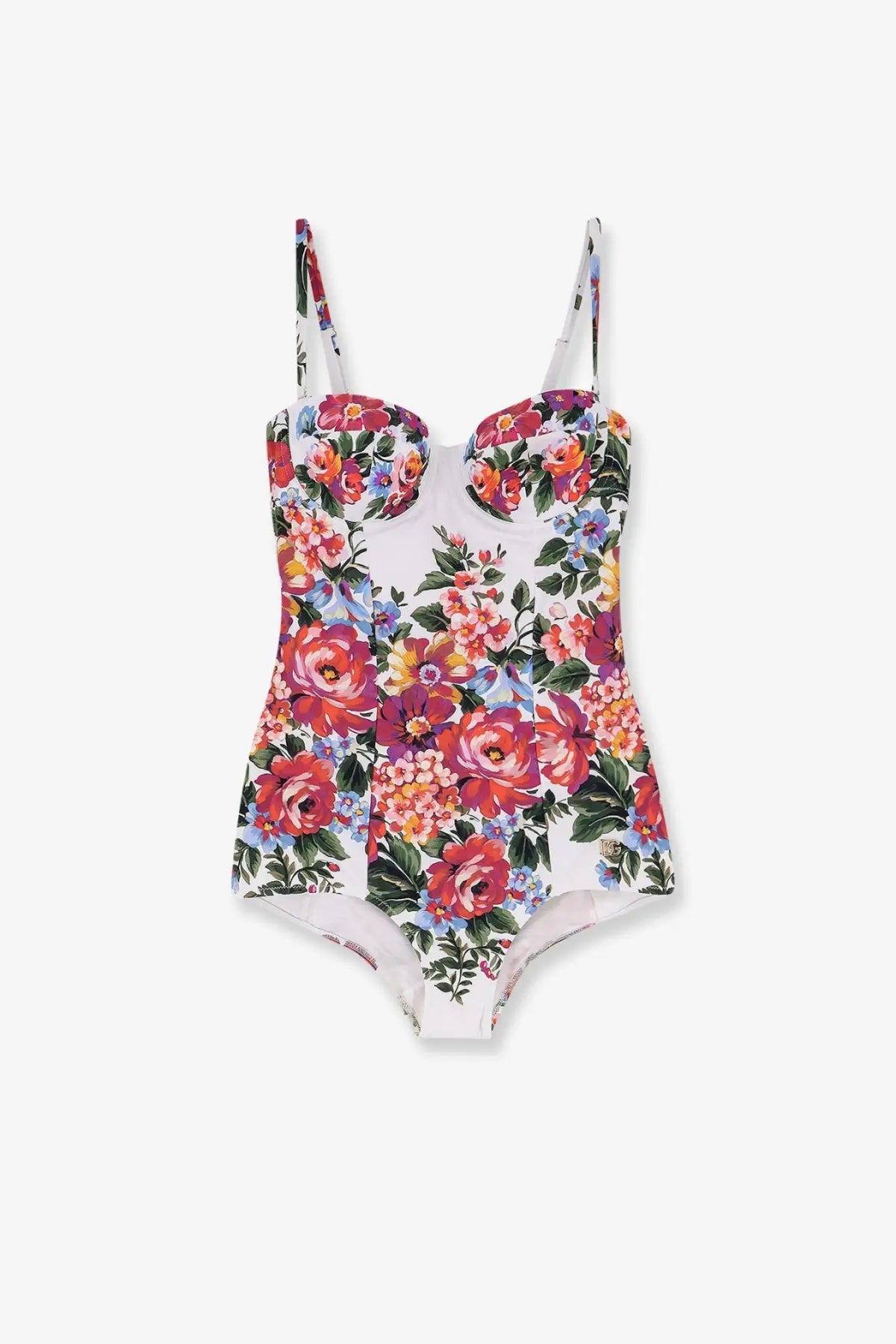 Dolce &amp; Gabbana women’s one piece swimsuit white with thin straps and vibrant red pink purple green floral print