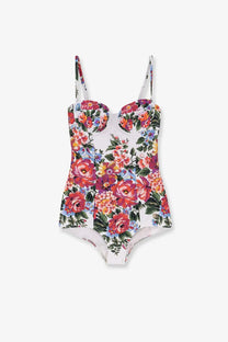 Dolce &amp; Gabbana women’s one piece swimsuit white with thin straps and vibrant red pink purple green floral print