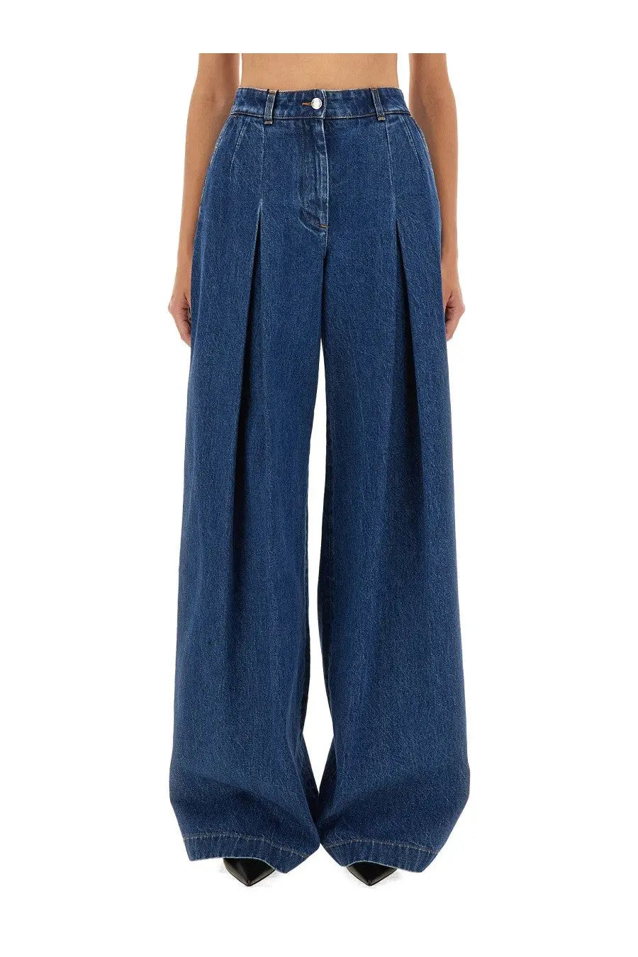 Dolce &amp; gabbana women’s high-waisted wide-leg denim pants in medium blue with front pleats and pockets