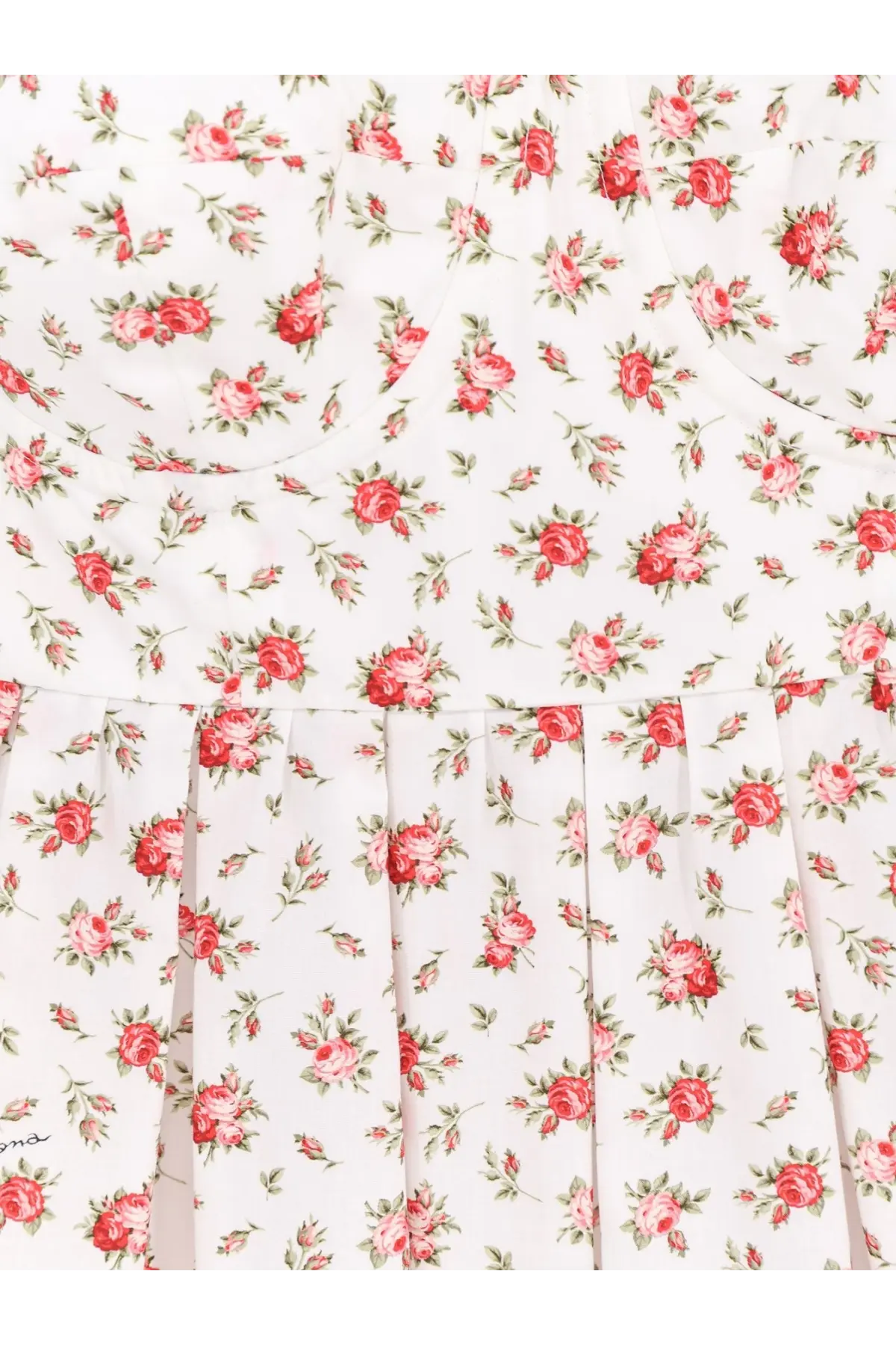 Dolce &amp; Gabbana women’s white poplin dress with red rose pattern and green leaves featuring soft pleated hem