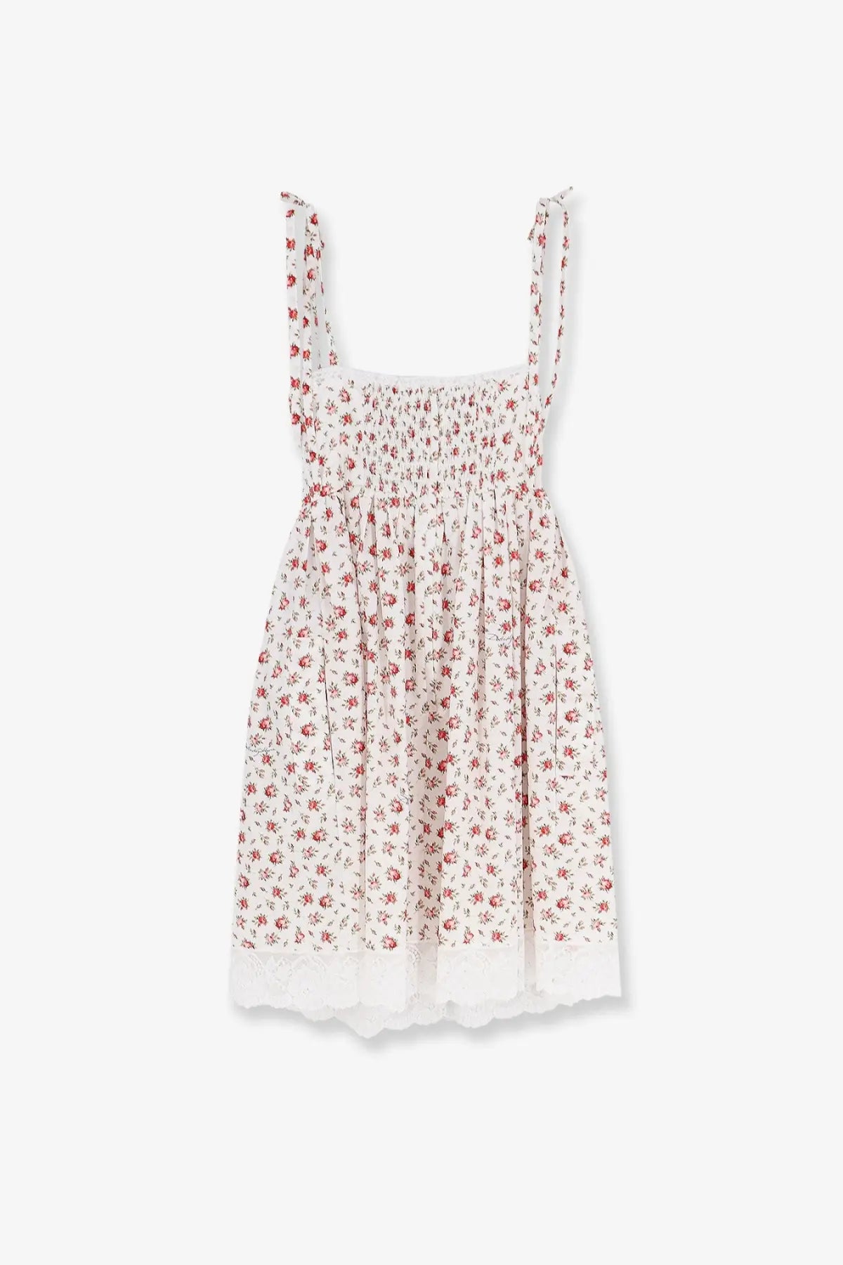 Dolce &amp; Gabbana women’s white poplin dress featuring a delicate red floral pattern and lace trim at the hem